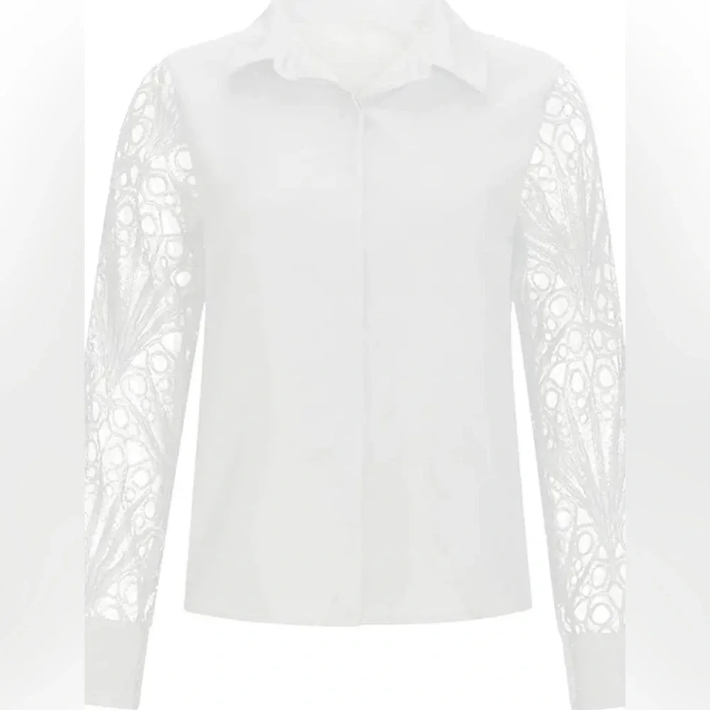 Elegant Hollow Out Solid Color Blouse Collar Long Sleeve